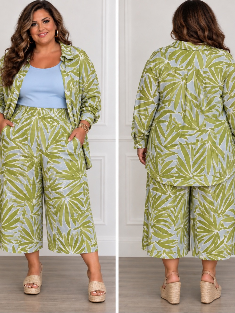 Sigrid Olsen vintage Olive & Light Blue Leaf Print Wide-Leg Pants